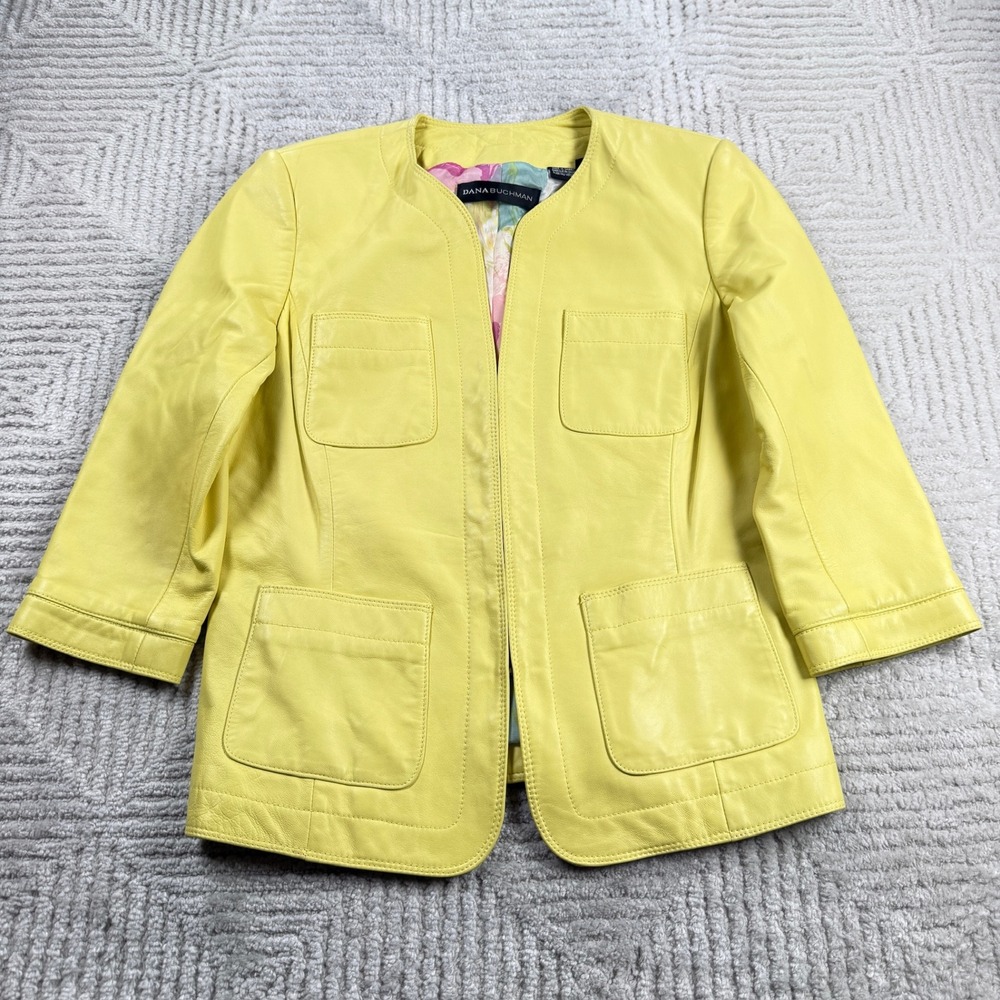 Dana Buchman Leather Jacket Women's 6 Yellow Dopamine Dressing Vibrant Bright